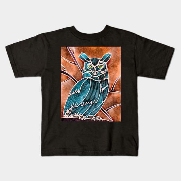 Boho Owl turquoise on orange Kids T-Shirt by MarcyBrennanArt